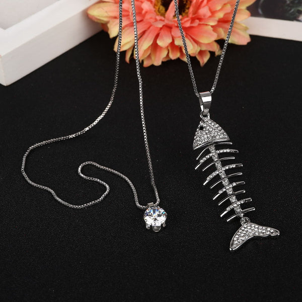 Fish Skeleton Zircon Necklace